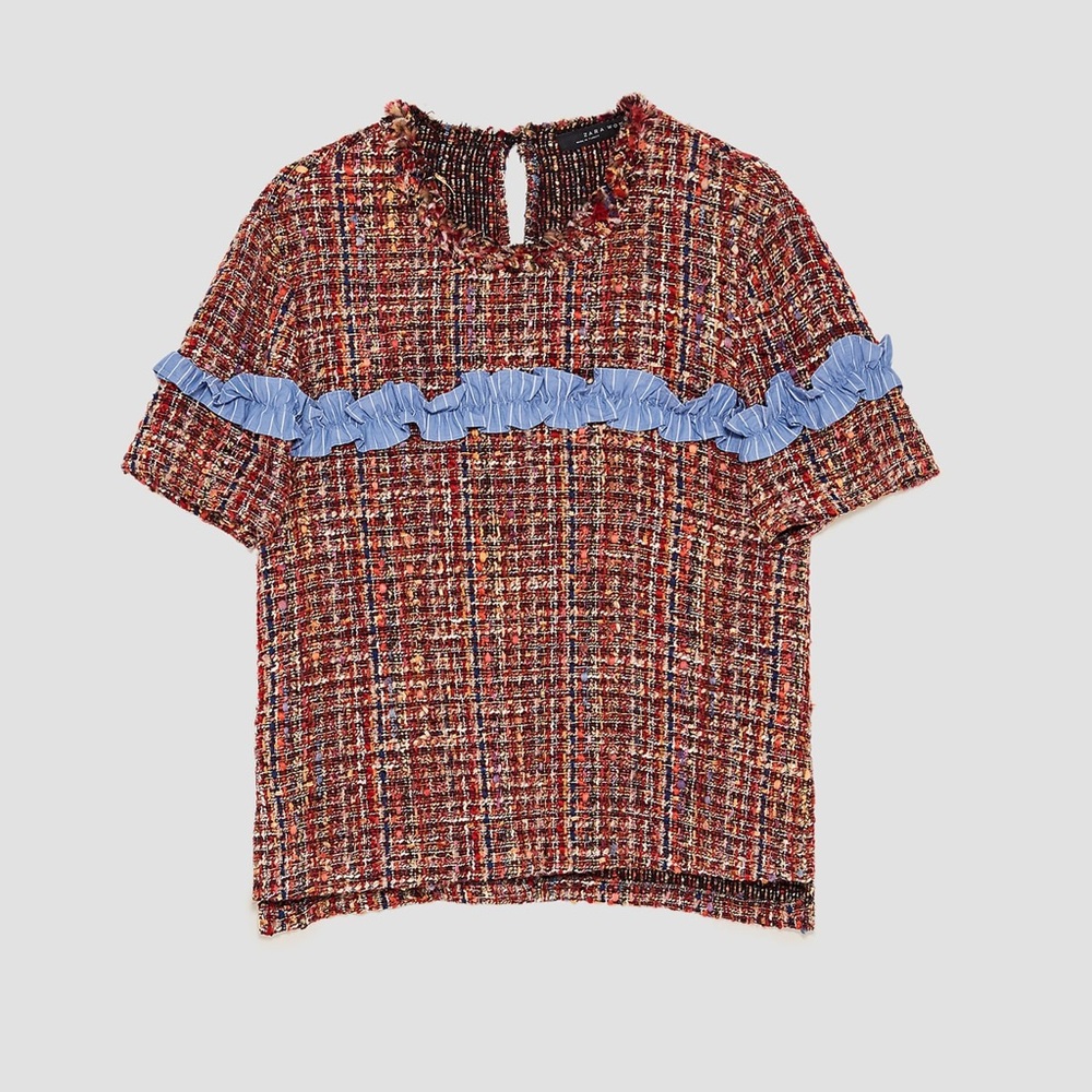 ZARA Tweed Top With Contrasting Ruffle - Picture 4 of 6